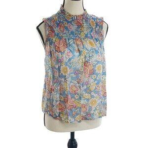 Nanette Lepore Blouse Blue Floral Sleeveless Ruffle Smocked Womens Size S